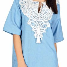 Rochie tunica casual bleu cu broderie in V 3460