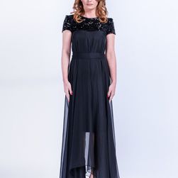 Rochie neagra, maxi, cu insertii din paiete, Khalisto, Sigma Fashion