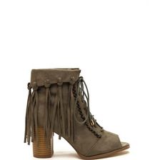 Incaltaminte Femei CheapChic Fancy Fringe Chunky Lace-up Booties Olive