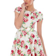 Rochie alba, din bumbac, cu imprimeu floral, Roh