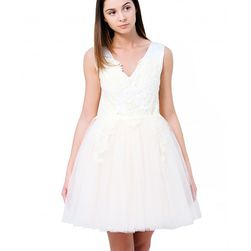 Rochie galbena, din tulle, cu aplicatii din dantela, Alana, Oana Nutu