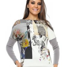 Bluza femei, gri, din tricot, cu maneci chimono, imprimata, ma dame