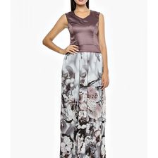 Rochie lunga, grena, cu desen floral, Grey Rose, Sweet Rose of Mine