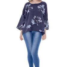 Bluza bleumarin oversize din in cu imprimeu, Roh