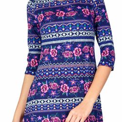 Rochie casual bleumarin cu flori roz R84BM/R