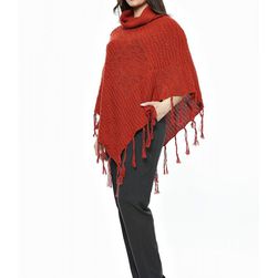 Poncho caramiziu, cu franjuri, cu guler inalt, Zada Boutique